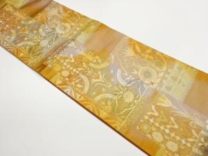変わり色紙に人物・花唐草模様織出し袋帯